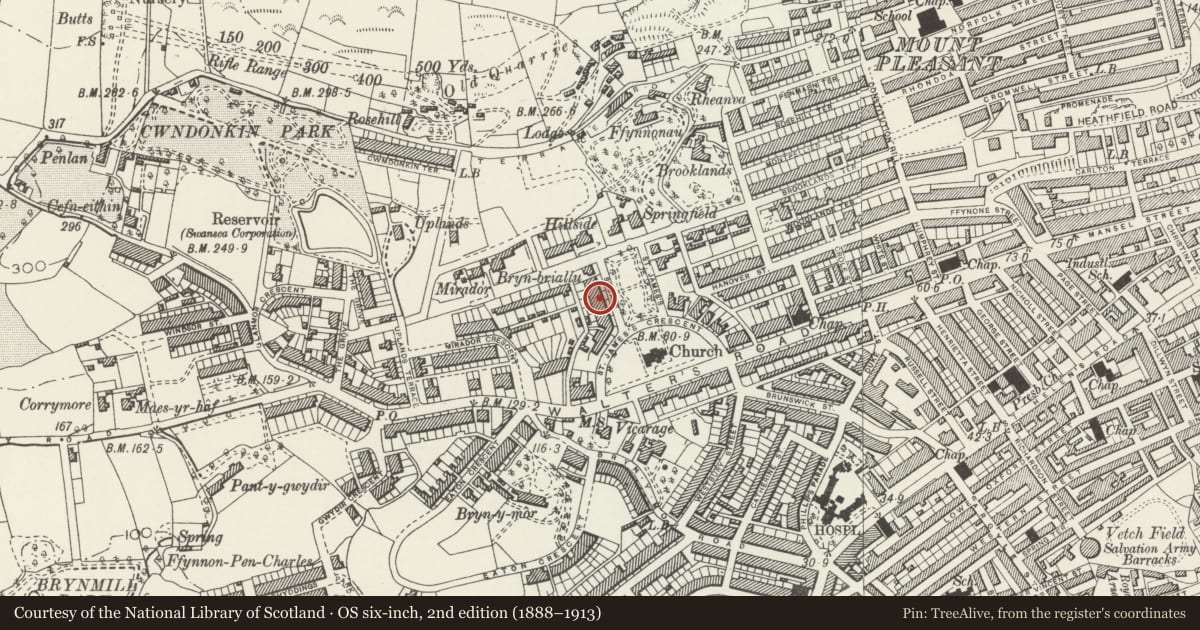 Ordnance Survey six-inch map, 2nd edition (1888–1913) covering the location of 17 St James Gardens, Uplands, Swansea, with a pin at the register's coordinates