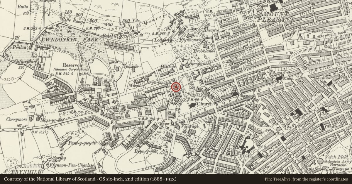 Ordnance Survey six-inch map, 2nd edition (1888–1913) covering the location of 18 St James Gardens, Uplands, Swansea, with a pin at the register's coordinates