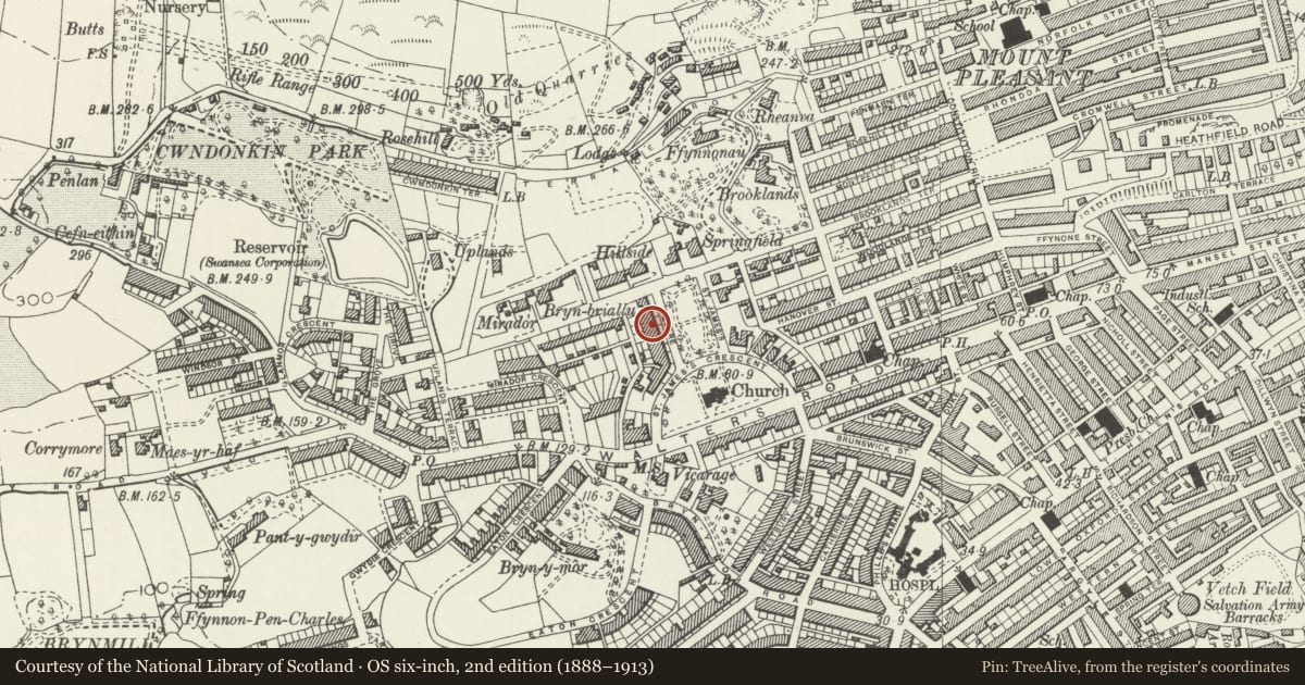 Ordnance Survey six-inch map, 2nd edition (1888–1913) covering the location of 19 St James Gardens, Uplands, Swansea, with a pin at the register's coordinates