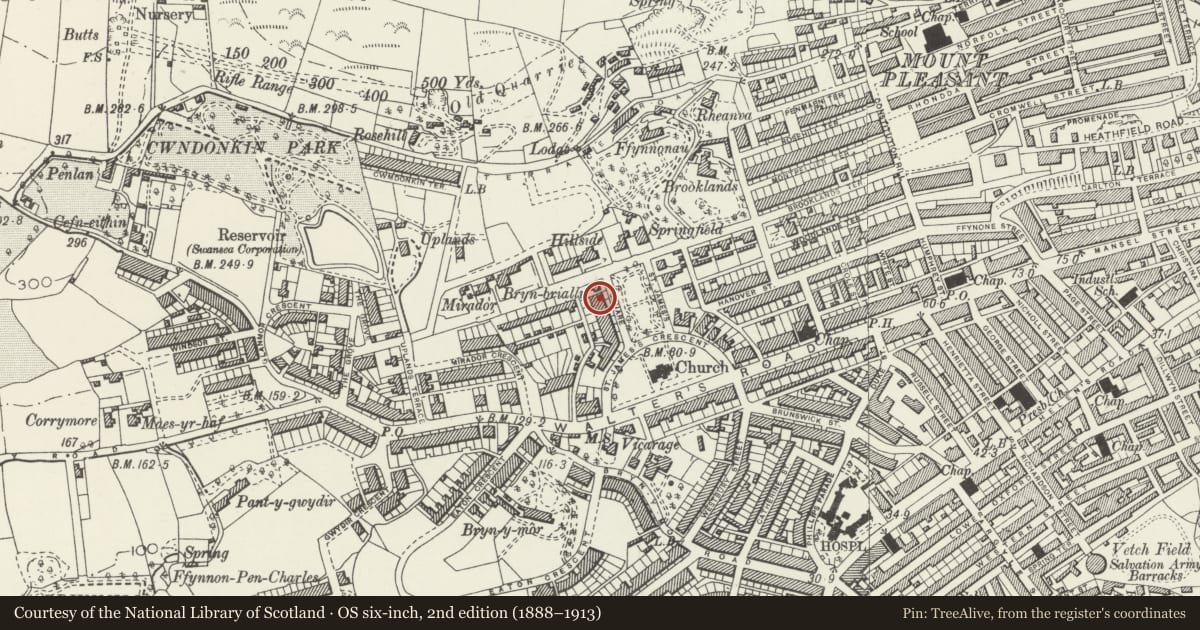 Ordnance Survey six-inch map, 2nd edition (1888–1913) covering the location of 21 St James Gardens, Uplands, Swansea, with a pin at the register's coordinates
