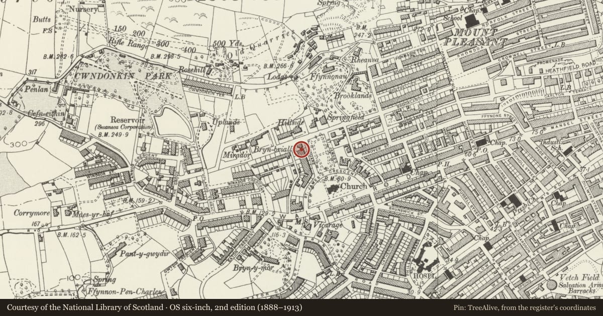 Ordnance Survey six-inch map, 2nd edition (1888–1913) covering the location of 22 St James Gardens, Uplands, Swansea, with a pin at the register's coordinates
