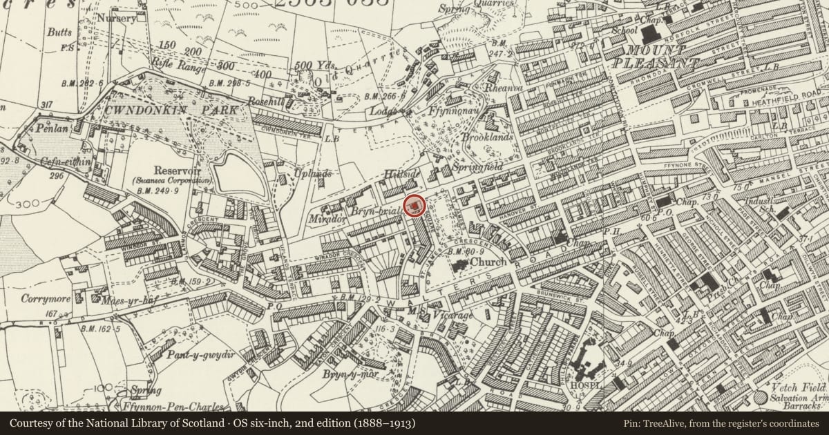 Ordnance Survey six-inch map, 2nd edition (1888–1913) covering the location of The Hawthornes, Uplands, Swansea, with a pin at the register's coordinates