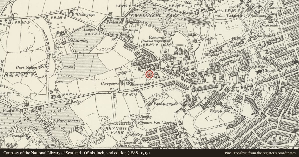 Ordnance Survey six-inch map, 2nd edition (1888–1913) covering the location of Beck Hall, Uplands, Swansea, with a pin at the register's coordinates
