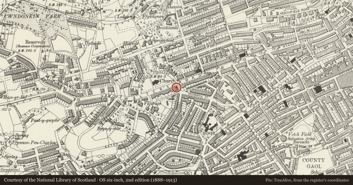 Ordnance Survey six-inch map, 2nd edition (1888–1913) covering the location of 61 Walter Road, Uplands, Swansea, with a pin at the register's coordinates