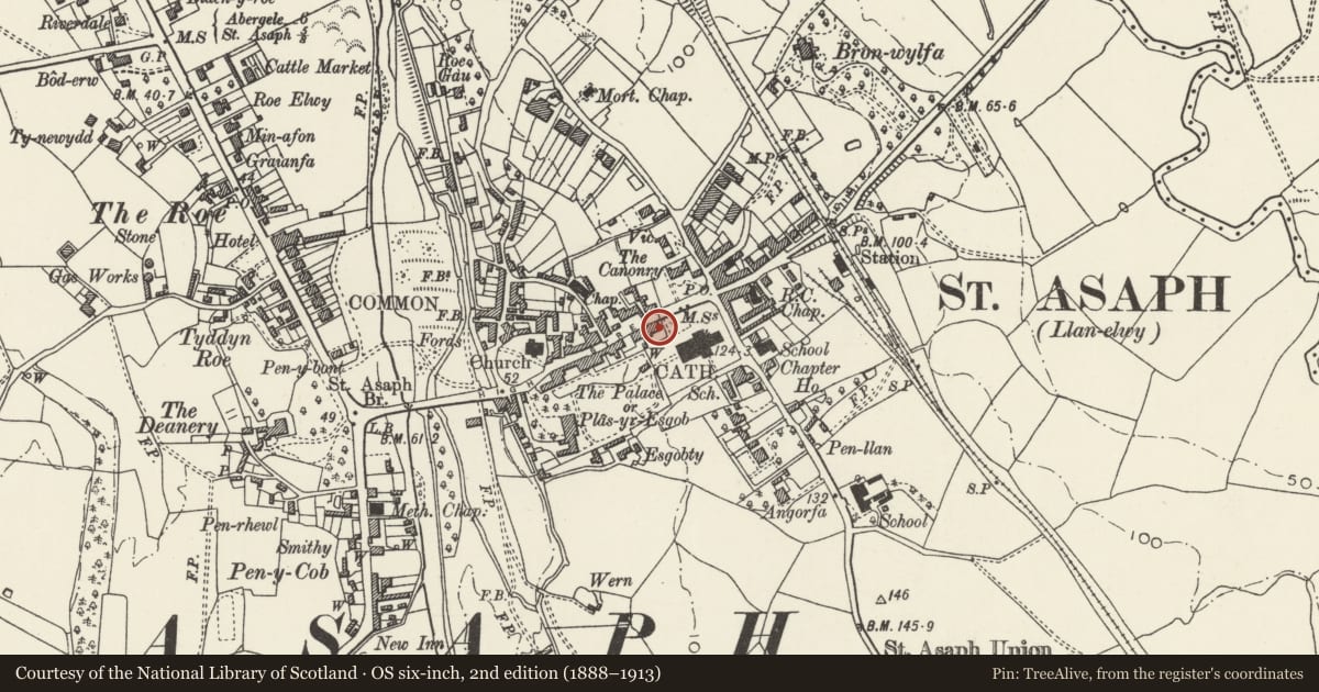 Ordnance Survey six-inch map, 2nd edition (1888–1913) covering the location of St. Asaph Diocesan Office, Denbighshire, with a pin at the register's coordinates