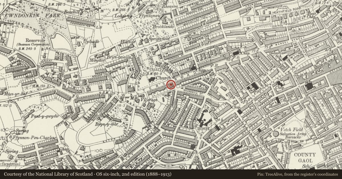 Ordnance Survey six-inch map, 2nd edition (1888–1913) covering the location of 62 Walter Road, Uplands, Swansea, with a pin at the register's coordinates