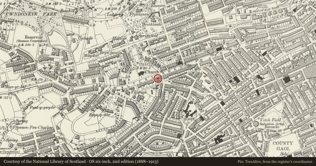 Ordnance Survey six-inch map, 2nd edition (1888–1913) covering the location of 63 Walter Road, Uplands, Swansea, with a pin at the register's coordinates