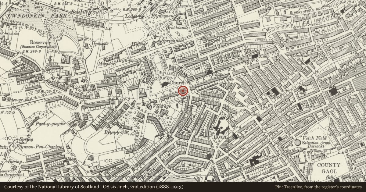 Ordnance Survey six-inch map, 2nd edition (1888–1913) covering the location of 64 Walter Road, Uplands, Swansea, with a pin at the register's coordinates