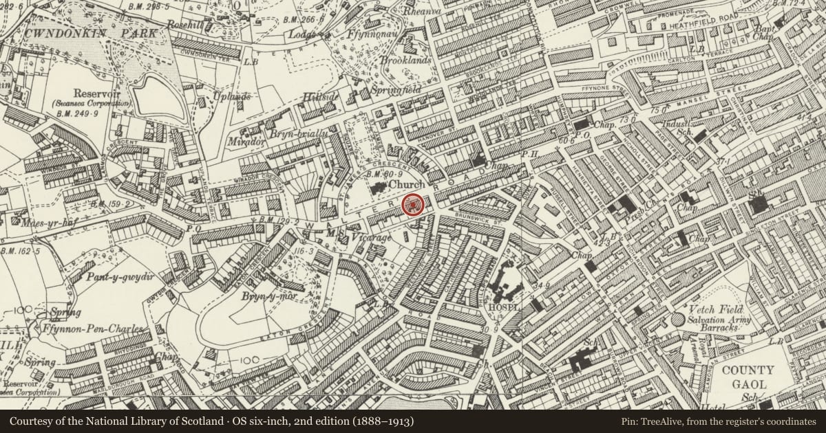 Ordnance Survey six-inch map, 2nd edition (1888–1913) covering the location of 66 Walter Road, Uplands, Swansea, with a pin at the register's coordinates