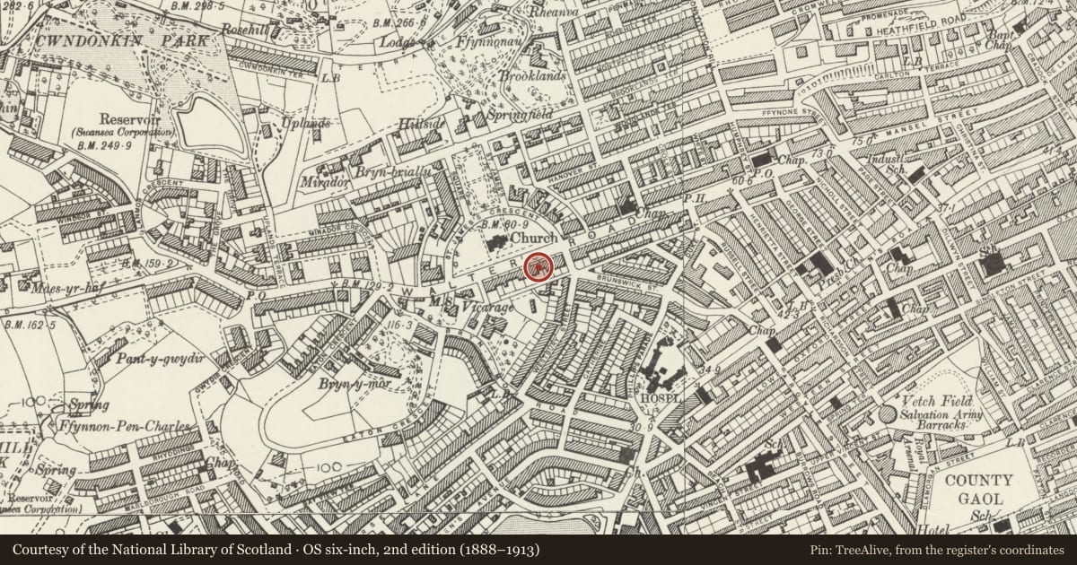 Ordnance Survey six-inch map, 2nd edition (1888–1913) covering the location of 67 Walter Road, Uplands, Swansea, with a pin at the register's coordinates