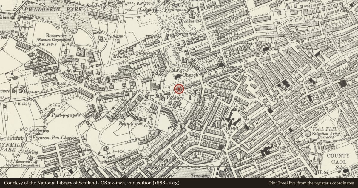 Ordnance Survey six-inch map, 2nd edition (1888–1913) covering the location of 74 Walter Road, Uplands, Swansea, with a pin at the register's coordinates