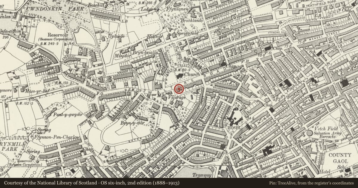 Ordnance Survey six-inch map, 2nd edition (1888–1913) covering the location of 75 Walter Road, Uplands, Swansea, with a pin at the register's coordinates