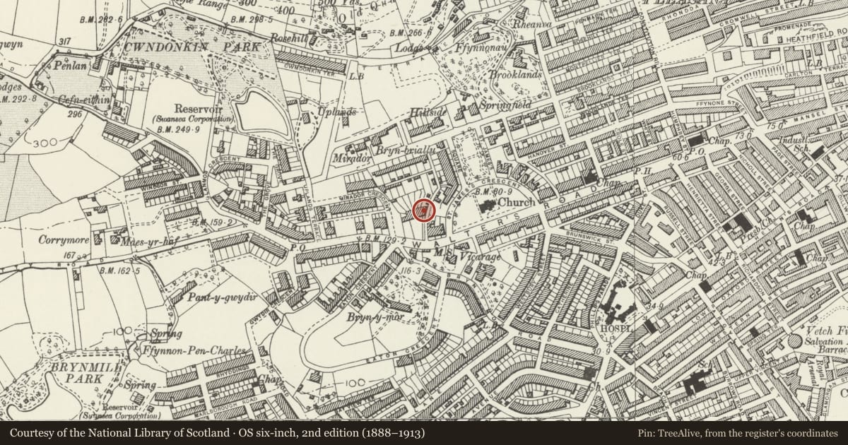 Ordnance Survey six-inch map, 2nd edition (1888–1913) covering the location of Belgrave Gardens, Uplands, Swansea, with a pin at the register's coordinates