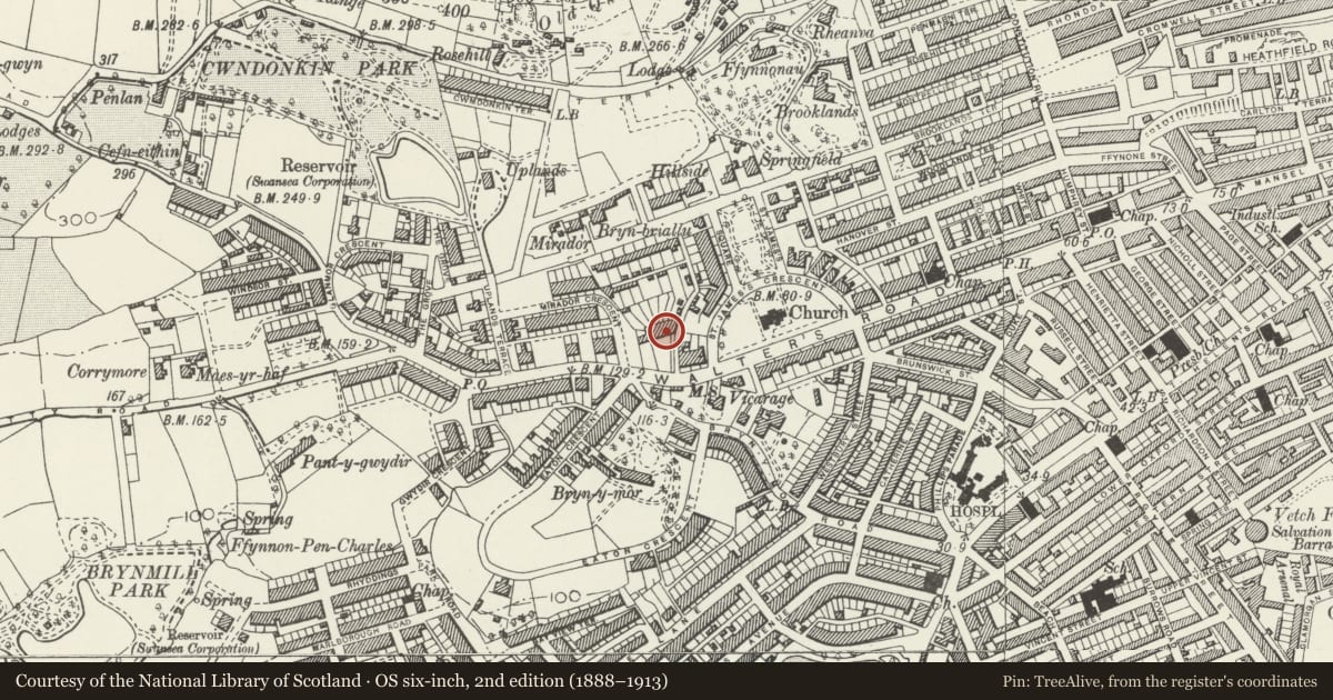 Ordnance Survey six-inch map, 2nd edition (1888–1913) covering the location of Belgrave Gardens, Uplands, Swansea, with a pin at the register's coordinates
