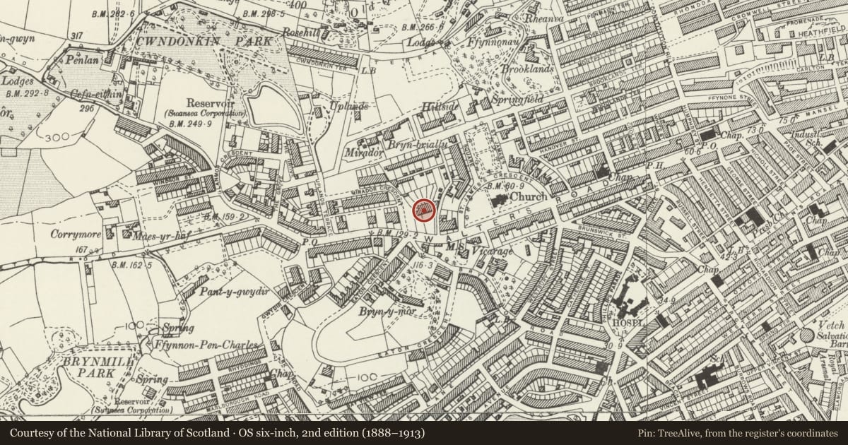 Ordnance Survey six-inch map, 2nd edition (1888–1913) covering the location of Belgrave Gardens, Uplands, Swansea, with a pin at the register's coordinates