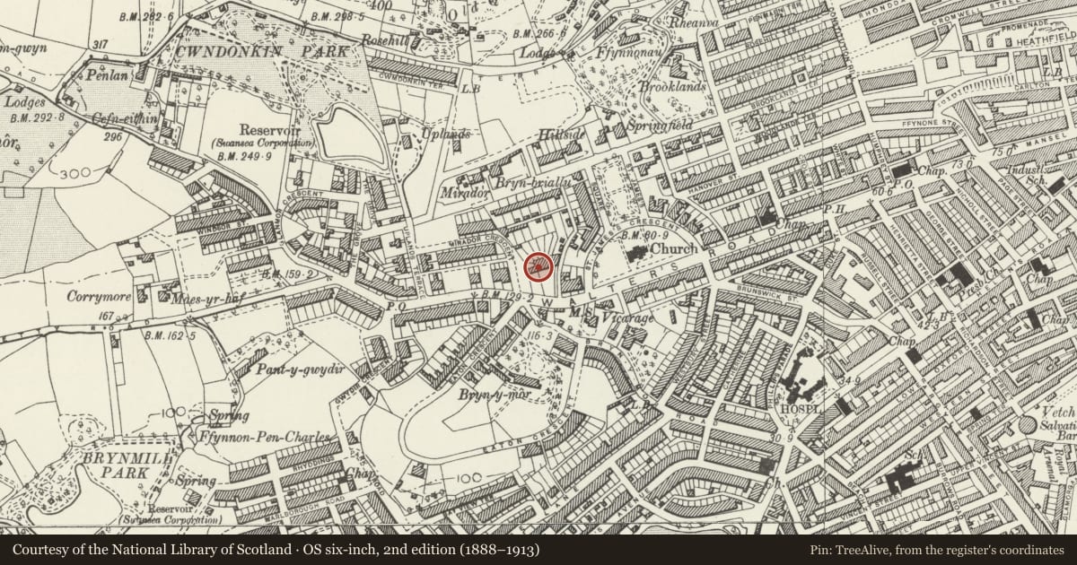 Ordnance Survey six-inch map, 2nd edition (1888–1913) covering the location of Belgrave Gardens, Uplands, Swansea, with a pin at the register's coordinates
