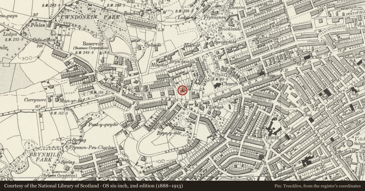 Ordnance Survey six-inch map, 2nd edition (1888–1913) covering the location of Belgrave Gardens, Uplands, Swansea, with a pin at the register's coordinates