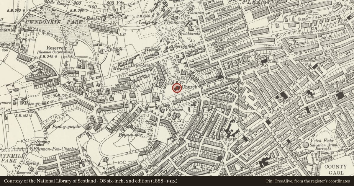 Ordnance Survey six-inch map, 2nd edition (1888–1913) covering the location of St James Church, Uplands, Swansea, with a pin at the register's coordinates