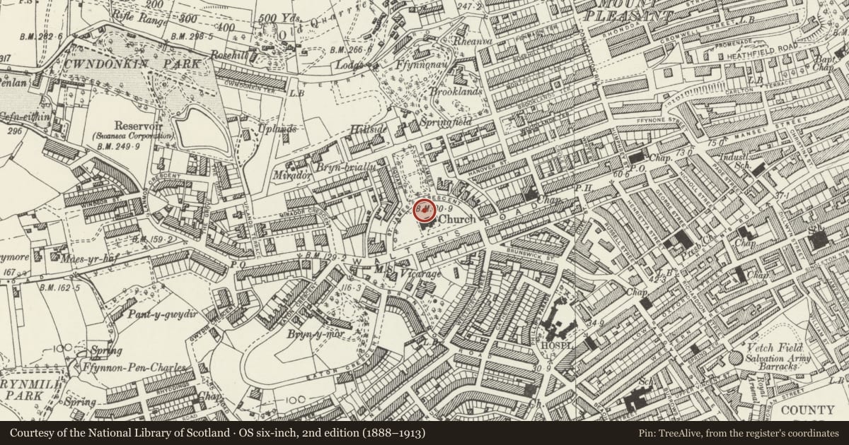 Ordnance Survey six-inch map, 2nd edition (1888–1913) covering the location of St James Church Hall, Uplands, Swansea, with a pin at the register's coordinates