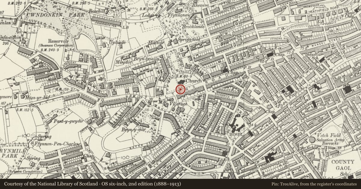 Ordnance Survey six-inch map, 2nd edition (1888–1913) covering the location of Walls and Railings to St James's Church, Uplands, Swansea, with a pin at the register's coordinates