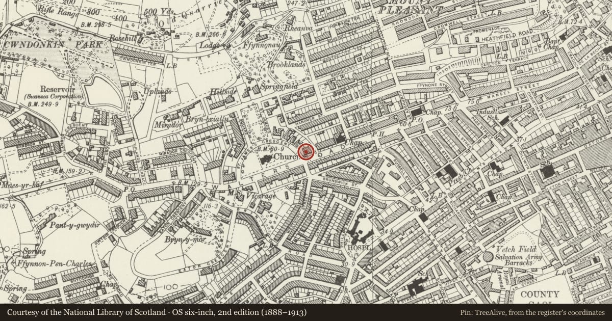 Ordnance Survey six-inch map, 2nd edition (1888–1913) covering the location of 93 Walter Road, Uplands, Swansea, with a pin at the register's coordinates