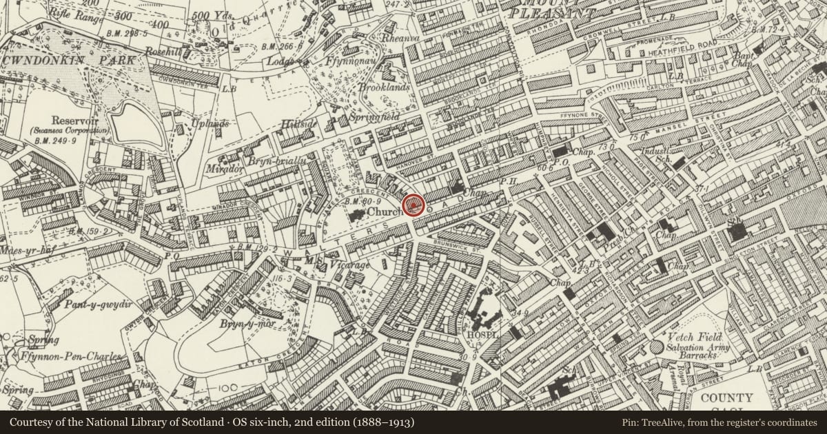 Ordnance Survey six-inch map, 2nd edition (1888–1913) covering the location of 94 Walter Road, Uplands, Swansea, with a pin at the register's coordinates