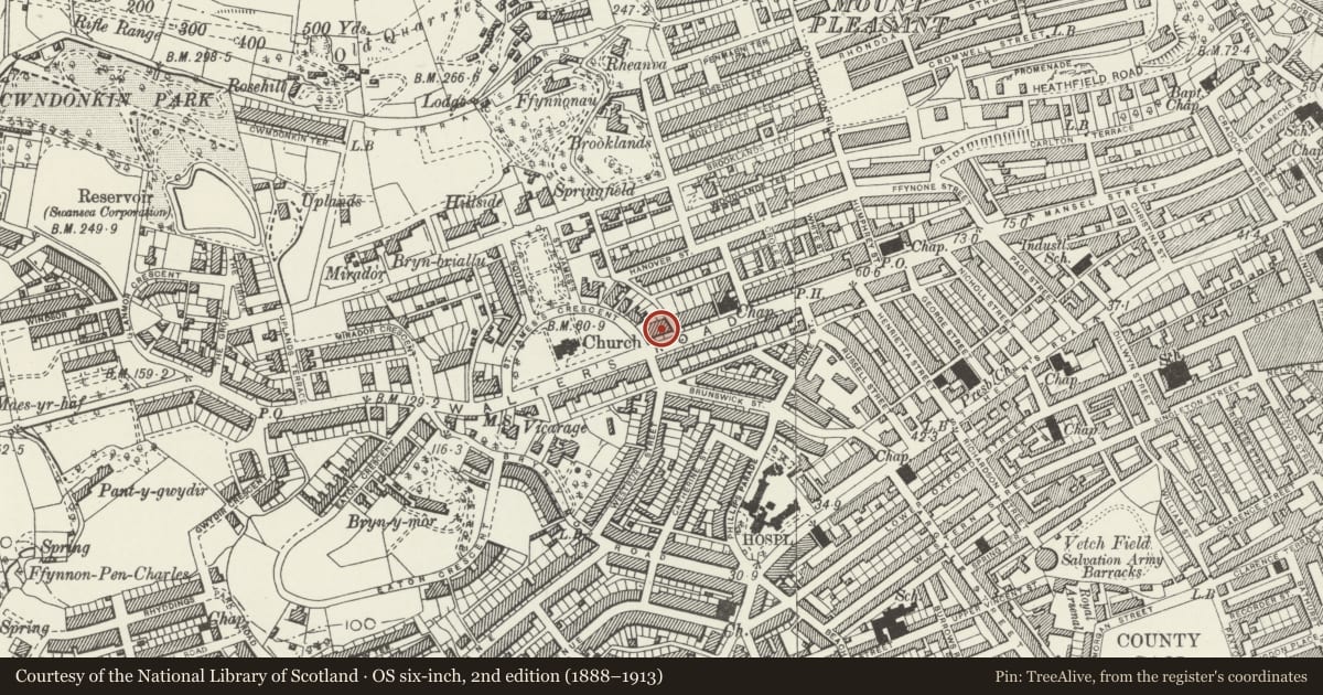 Ordnance Survey six-inch map, 2nd edition (1888–1913) covering the location of 95 Walter Road, Uplands, Swansea, with a pin at the register's coordinates