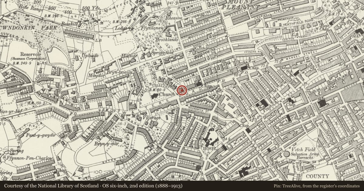 Ordnance Survey six-inch map, 2nd edition (1888–1913) covering the location of 96 Walter Road, Uplands, Swansea, with a pin at the register's coordinates