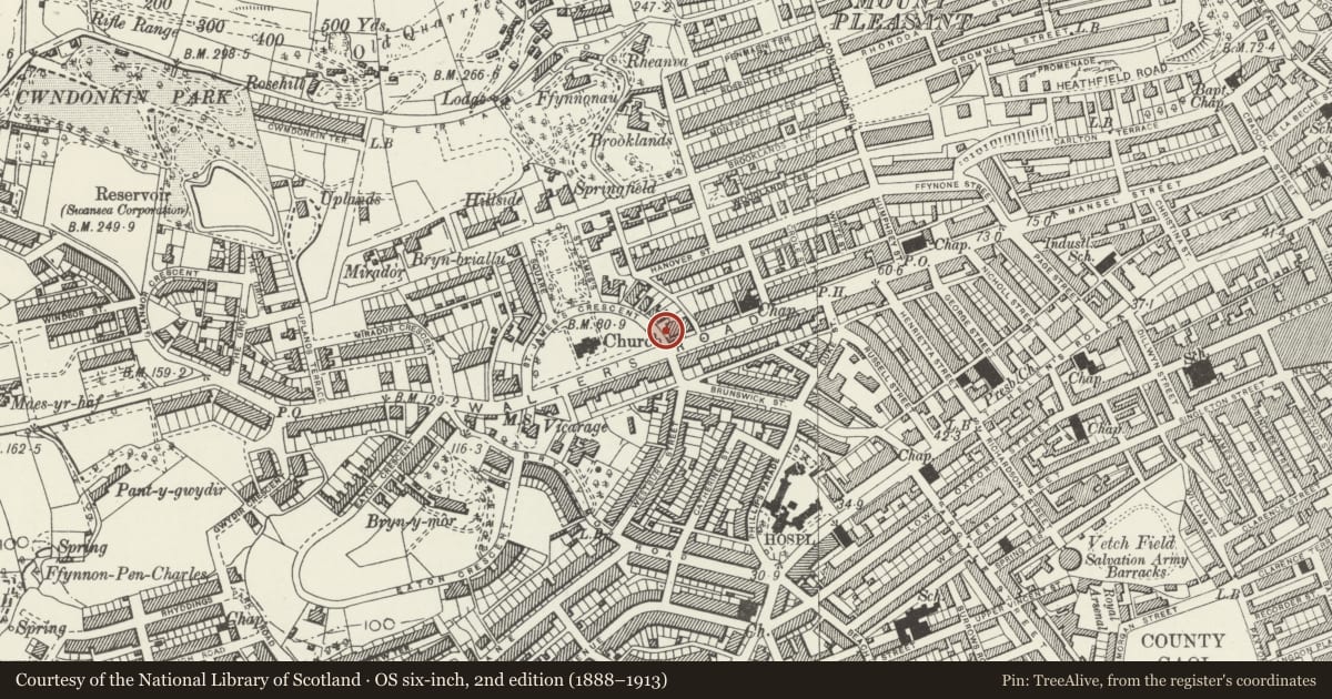 Ordnance Survey six-inch map, 2nd edition (1888–1913) covering the location of St James' Crescent, Uplands, Swansea, with a pin at the register's coordinates