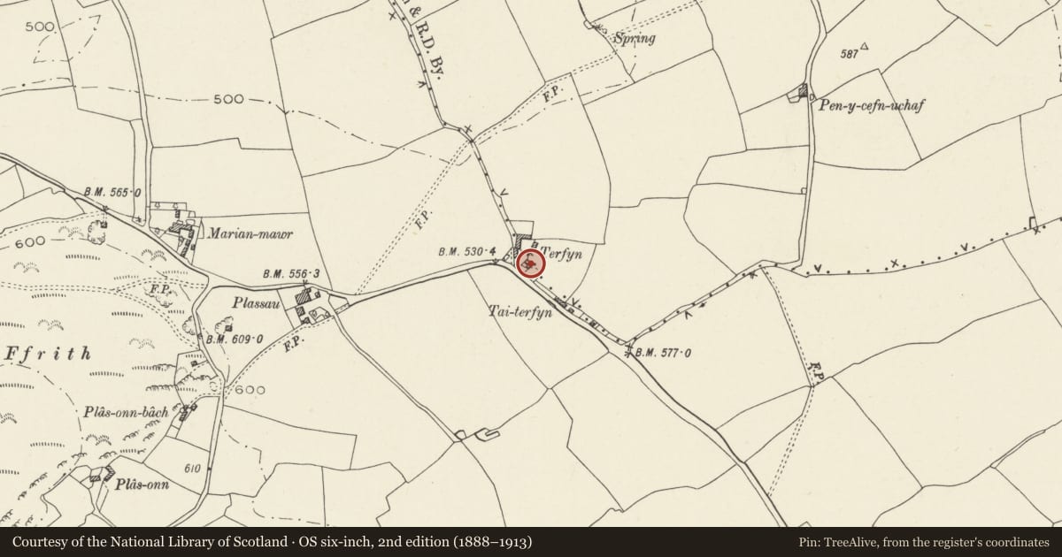 Ordnance Survey six-inch map, 2nd edition (1888–1913) covering the location of Terfyn Farmhouse, Cwm, Denbighshire, with a pin at the register's coordinates