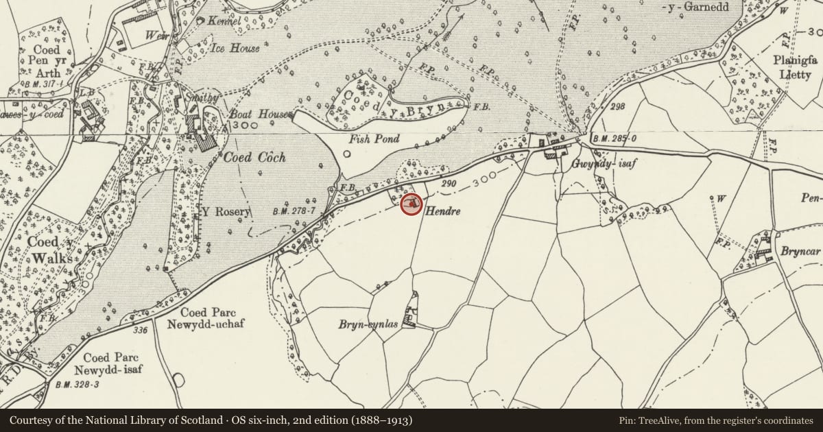 Ordnance Survey six-inch map, 2nd edition (1888–1913) covering the location of Hendre Farmhouse, Betws Yn Rhos, Conwy, with a pin at the register's coordinates