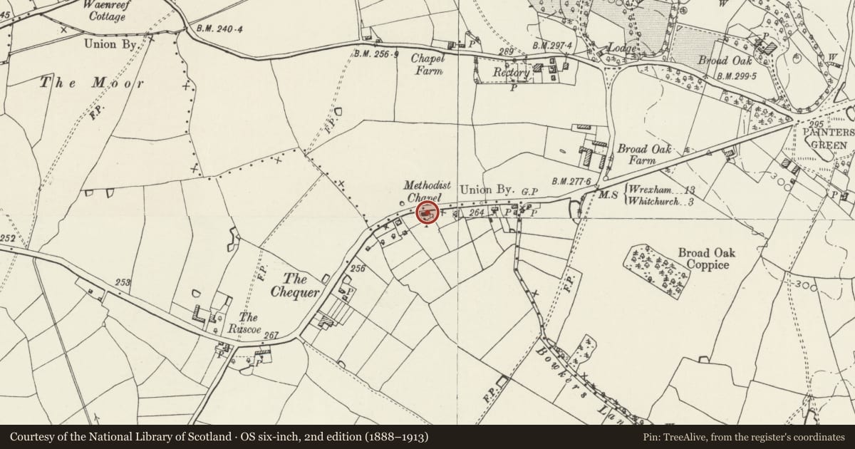 Ordnance Survey six-inch map, 2nd edition (1888–1913) covering the location of Chapel House (former Bronington Chequer Methodist Chapel), Wrexham, with a pin at the register's coordinates