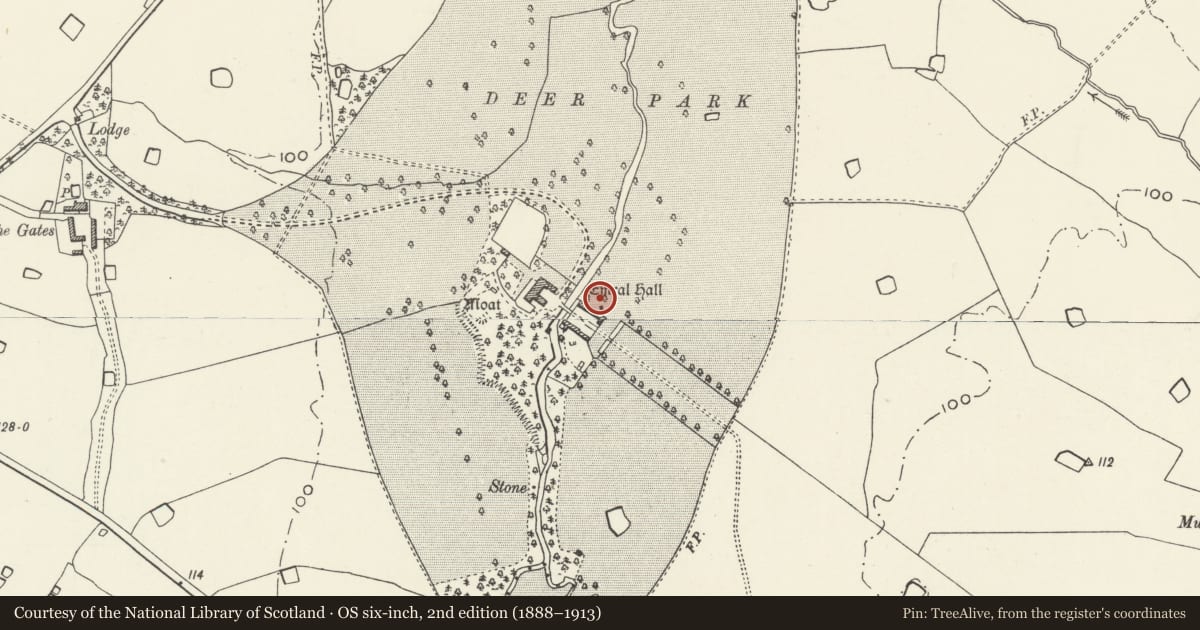 Ordnance Survey six-inch map, 2nd edition (1888–1913) covering the location of Ice House to rear of North Stable Block at Emral Hall, Willington Worthenbury, Wrexham, with a pin at the register's coordinates