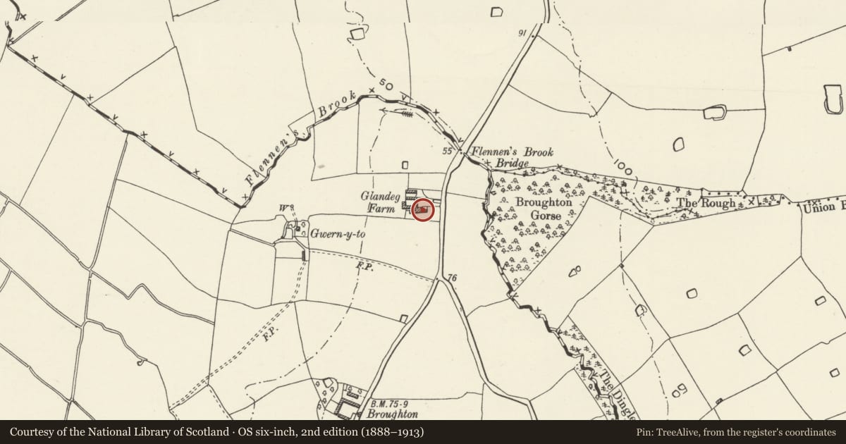 Ordnance Survey six-inch map, 2nd edition (1888–1913) covering the location of Glandeg Farmhouse, Willington Worthenbury, Wrexham, with a pin at the register's coordinates