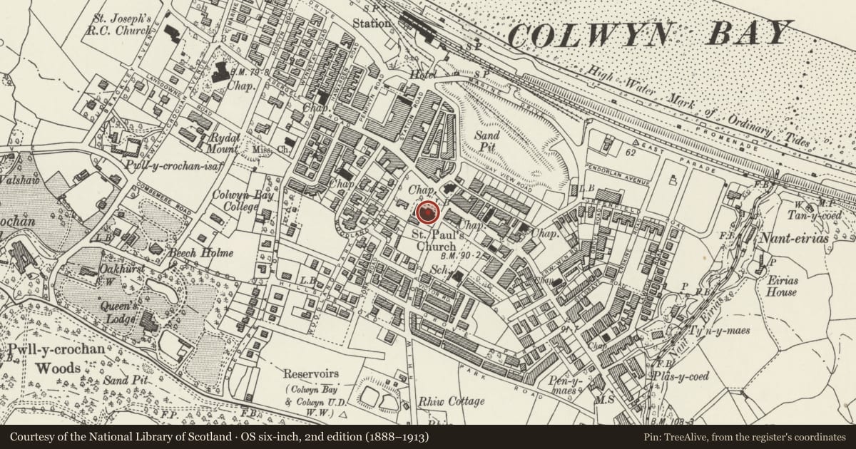 Ordnance Survey six-inch map, 2nd edition (1888–1913) covering the location of Church of Saint Paul, Colwyn Bay, Conwy, with a pin at the register's coordinates