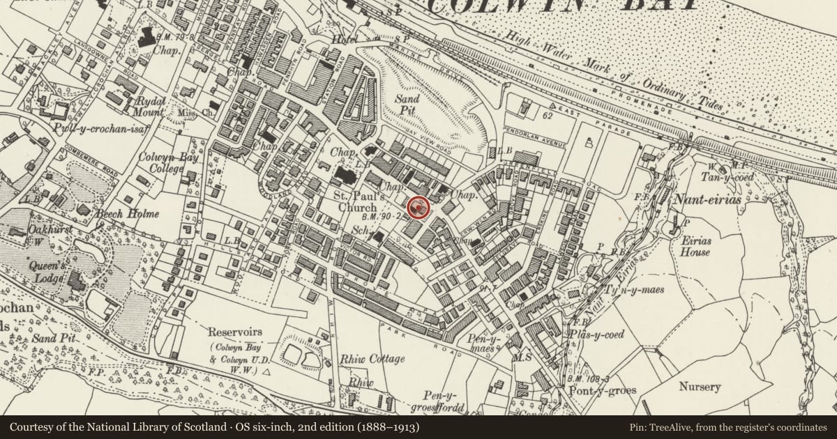 Ordnance Survey six-inch map, 2nd edition (1888–1913) covering the location of Salem Congregational Chapel, Colwyn Bay, Conwy, with a pin at the register's coordinates