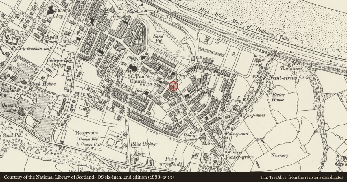 Ordnance Survey six-inch map, 2nd edition (1888–1913) covering the location of 58, Colwyn Bay, Conwy, with a pin at the register's coordinates