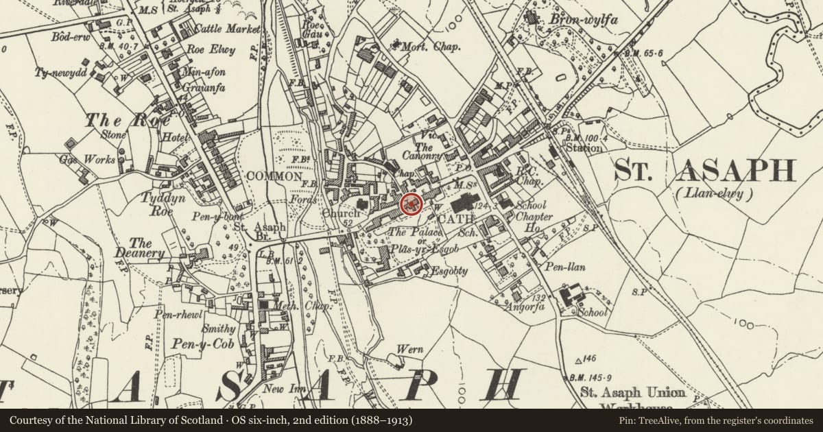 Ordnance Survey six-inch map, 2nd edition (1888–1913) covering the location of Glasgow House including County Cleaners, Halifax Building Society & Shoe Repairs, St. Asaph, Denbighshire, with a pin at the register's coordinates