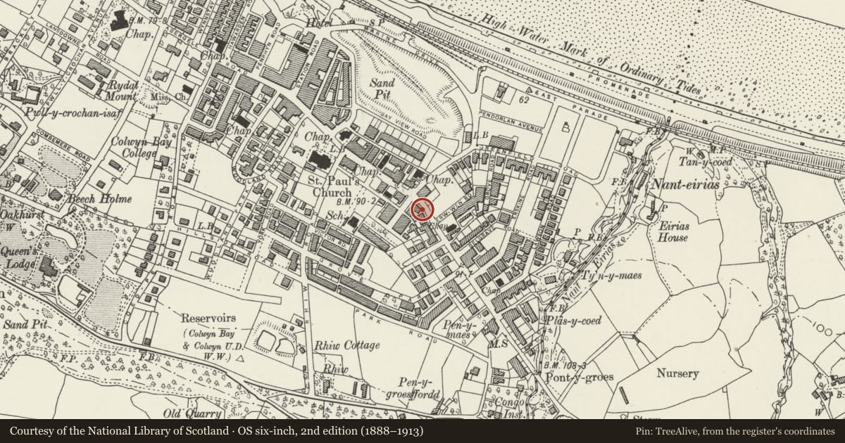 Ordnance Survey six-inch map, 2nd edition (1888–1913) covering the location of 62 Abergele Road, Colwyn Bay, Conwy, with a pin at the register's coordinates