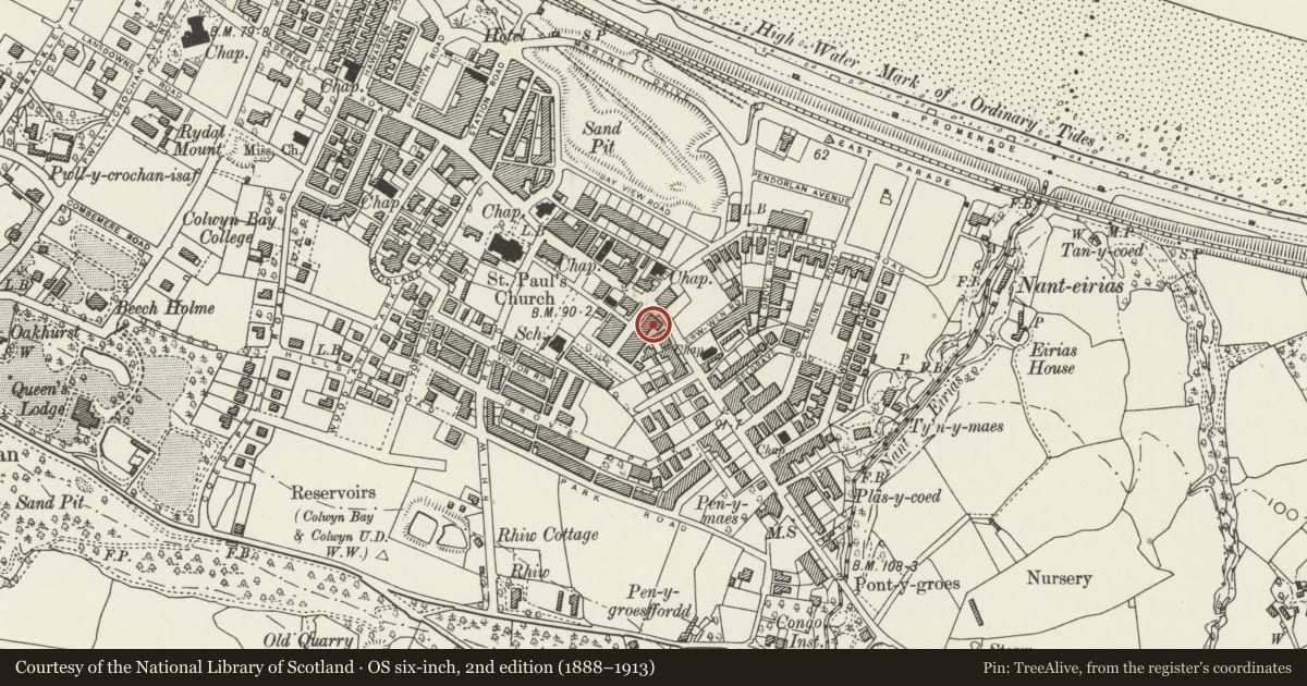 Ordnance Survey six-inch map, 2nd edition (1888–1913) covering the location of 1 Rhiw Bank Avenue, Colwyn Bay, Conwy, with a pin at the register's coordinates