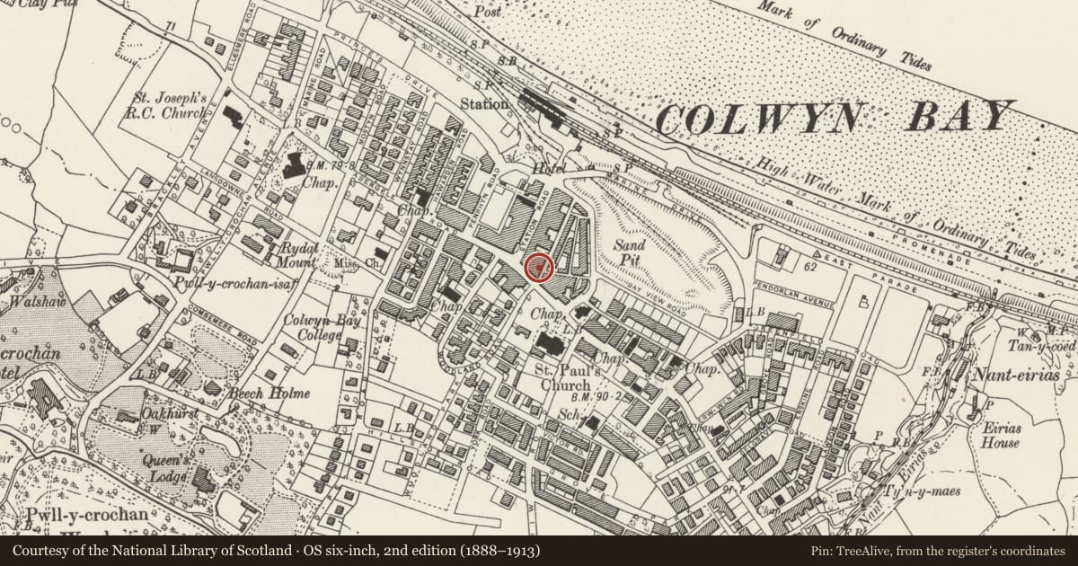 Ordnance Survey six-inch map, 2nd edition (1888–1913) covering the location of 7 Abergele Road, Colwyn Bay, Conwy, with a pin at the register's coordinates