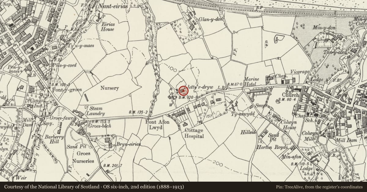 Ordnance Survey six-inch map, 2nd edition (1888–1913) covering the location of Llety'r Dryw, Colwyn Bay, Conwy, with a pin at the register's coordinates