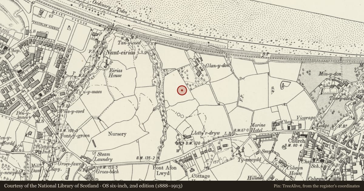 Ordnance Survey six-inch map, 2nd edition (1888–1913) covering the location of Civic Centre (Former Glan y Don Hall), Colwyn Bay, Conwy, with a pin at the register's coordinates