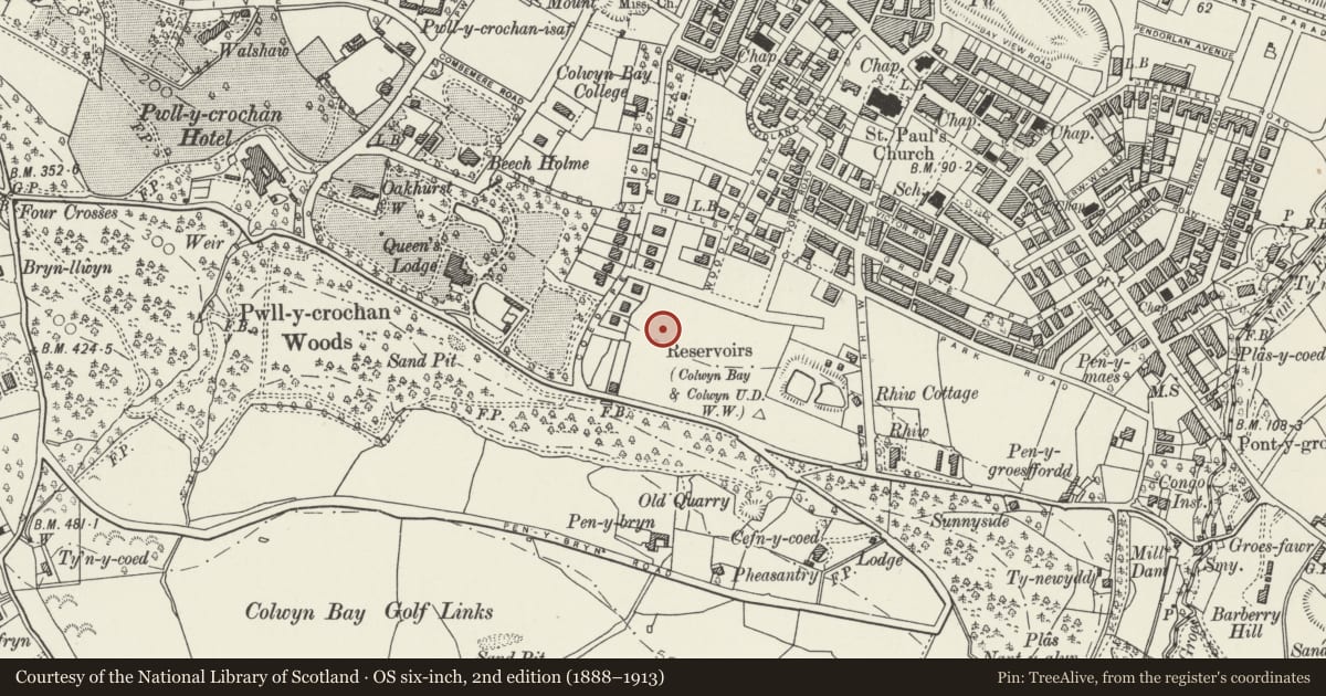 Ordnance Survey six-inch map, 2nd edition (1888–1913) covering the location of 4 Ael-y-Bryn Road, Colwyn Bay, Conwy, with a pin at the register's coordinates