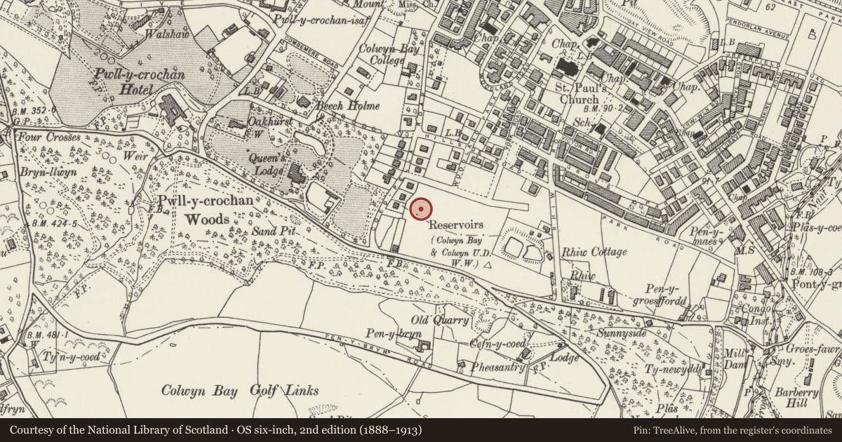 Ordnance Survey six-inch map, 2nd edition (1888–1913) covering the location of 6 Ael-y-Bryn Road, Colwyn Bay, Conwy, with a pin at the register's coordinates