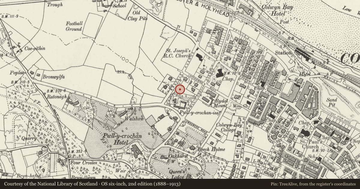 Ordnance Survey six-inch map, 2nd edition (1888–1913) covering the location of Cotswold, Colwyn Bay, Conwy, with a pin at the register's coordinates