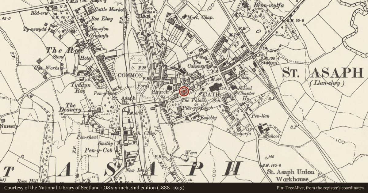 Ordnance Survey six-inch map, 2nd edition (1888–1913) covering the location of Beulah House (K&M Massey, including St. Asaph Video), Denbighshire, with a pin at the register's coordinates