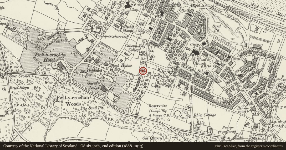 Ordnance Survey six-inch map, 2nd edition (1888–1913) covering the location of 16 Coed Pella Road, Colwyn Bay, Conwy, with a pin at the register's coordinates