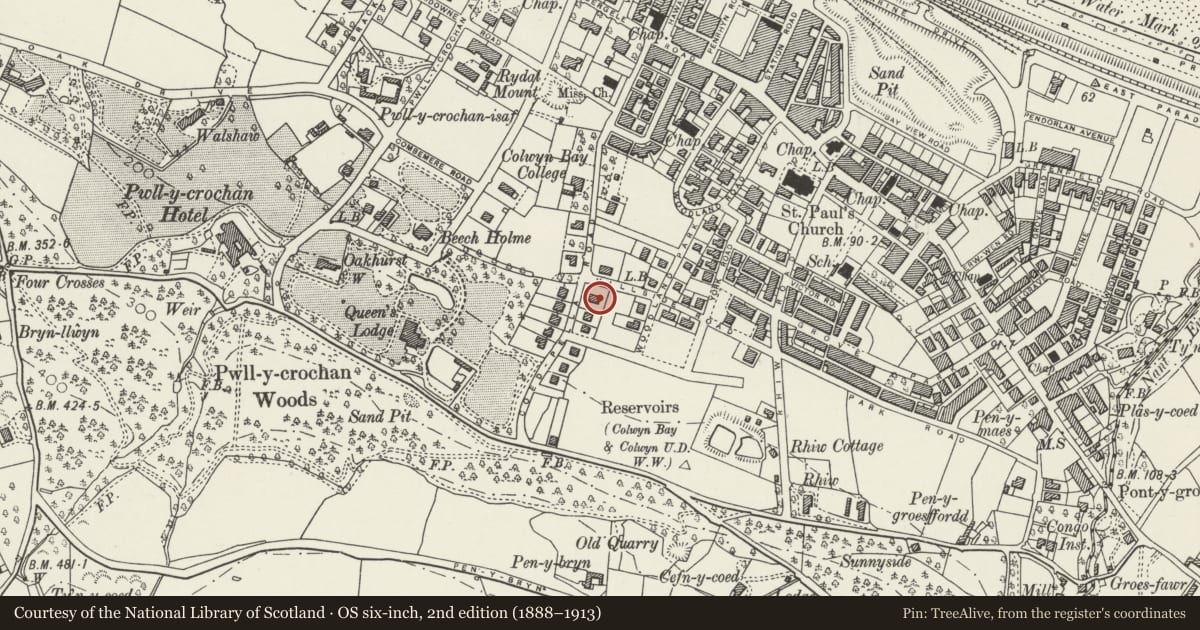 Ordnance Survey six-inch map, 2nd edition (1888–1913) covering the location of Tudor Lodge, Colwyn Bay, Conwy, with a pin at the register's coordinates