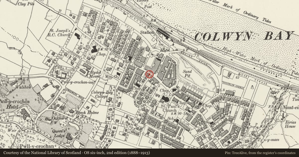 Ordnance Survey six-inch map, 2nd edition (1888–1913) covering the location of Midland Bank, Colwyn Bay, Conwy, with a pin at the register's coordinates